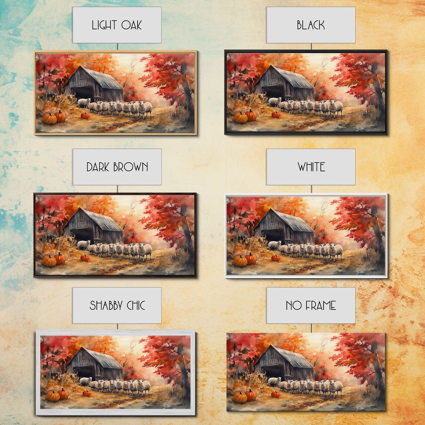 Framed Canvas Print Autumn Farm with Sheep and Pumpkins, Perfect Fall Decor, Rustic Country Home Wall Art, Seasonal Autumn Canvas Print