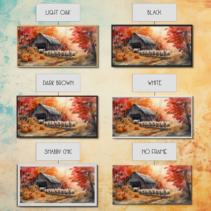 Framed Canvas Print Autumn Farm with Sheep and Pumpkins, Perfect Fall Decor, Rustic Country Home Wall Art, Seasonal Autumn Canvas Print