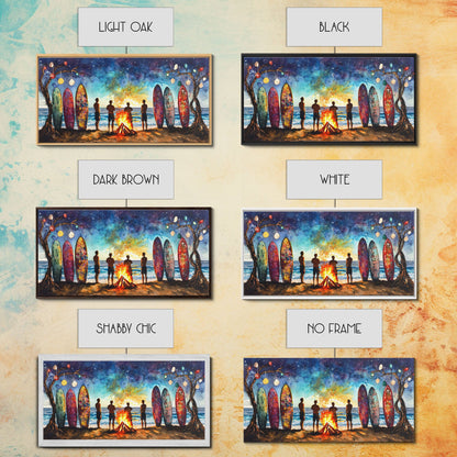 Canvas Print Beach Bonfire with Surfboards Under Stars, Coastal Christmas Art, Tropical Holiday Wall Art, Beach Christmas Decor