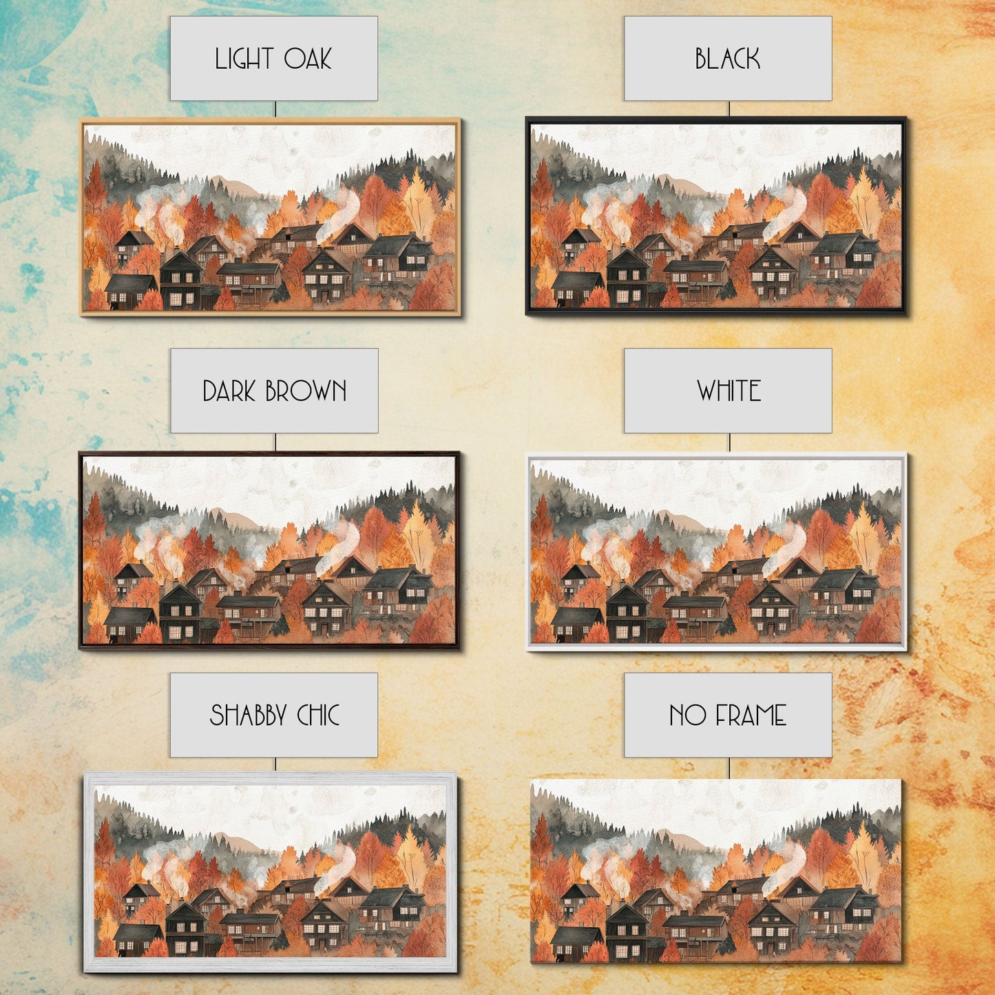 Autumn village decor Framed Canvas Print rustic village with fall trees cozy seasonal wall art gift idea moody landscape autumn home decor