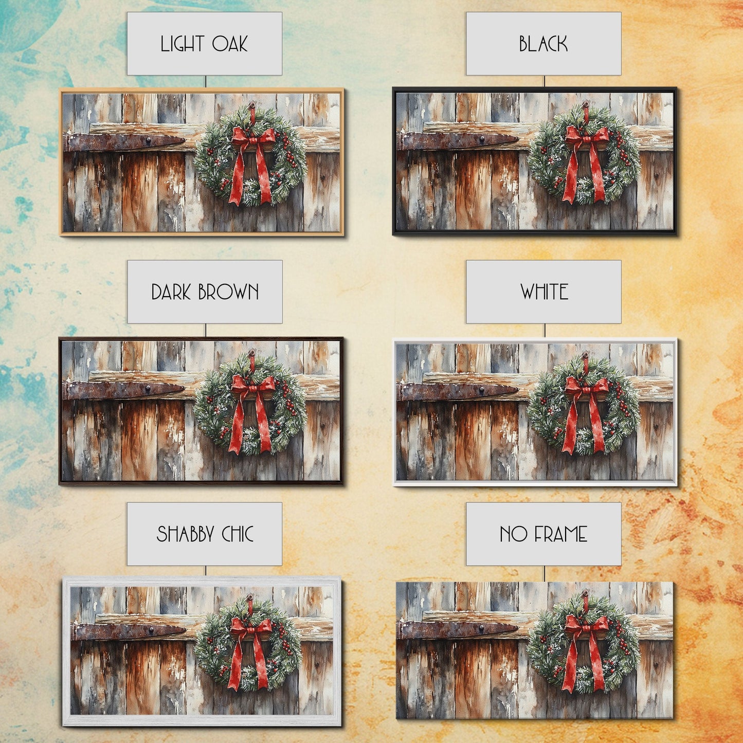 Rustic Wreath Red Ribbon Canvas Print Christmas Door Decor Farmhouse Christmas Wall Art Framed Canvas Print Christmas Outdoor Decor