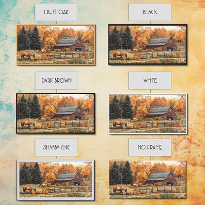 Autumn Barn Pumpkin Horses Canvas Print Farmhouse Fall Decor Seasonal Wall Art Framed Canvas Print Rustic Fall Farmhouse Wall Art