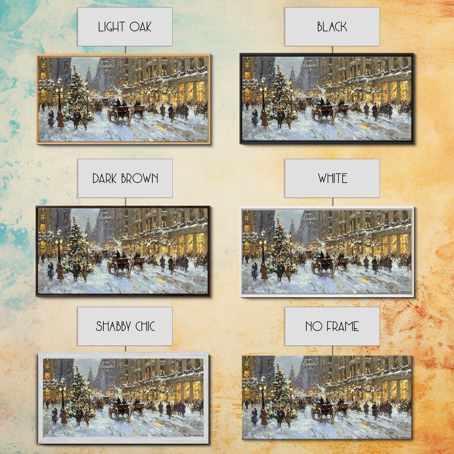 Bustling Christmas Street Scene Tall Art Framed Canvas Print Vintage Winter Holiday Scene With Horse-Drawn Carriages And Festive Lights