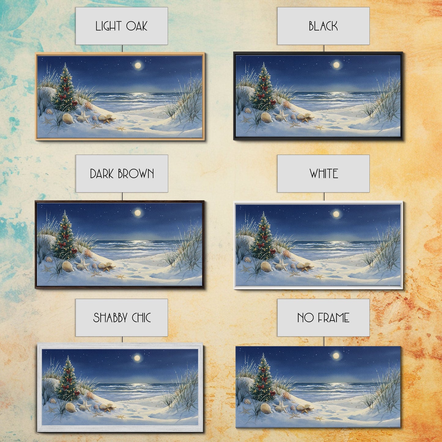 Christmas Tree on Snowy Beach with Full Moon, Framed Canvas Print, Coastal Christmas Art, Nautical Holiday Decor, Winter Wonderland, Beach