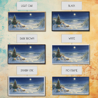 Christmas Tree on Snowy Beach with Full Moon, Framed Canvas Print, Coastal Christmas Art, Nautical Holiday Decor, Winter Wonderland, Beach