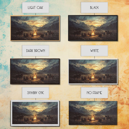Cowboys am Lagerfeuer im Sonnenuntergang – Gerahmter Leinwanddruck im Westernstil – Perfekte Winterwanddekoration und rustikale Berghüttenkunst