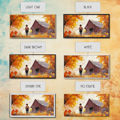 Cowboy and His Barn, Framed Canvas Print, Landscape Art Christmas Cowboy Holiday Art Wall Decor Seasonal