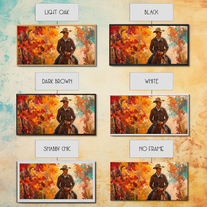 Cowboy Riding Through The Autumn Trees, Framed Canvas Print, Rustic Farmhouse Wall Art, Boho Style Seasonal Watercolor Painting