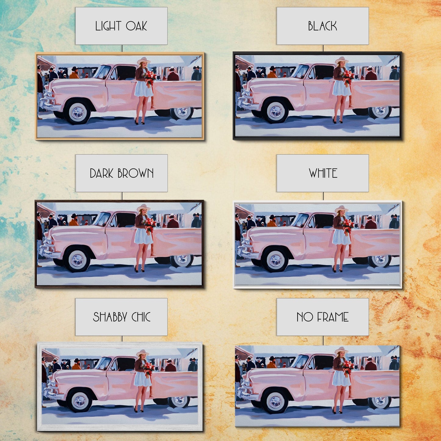 Cute Cowgirl and Her Pink Truck, Framed Canvas Print, Retro Pink Fall Decor, Wall Art Fall Home Decor, Ideal Gift Idea Rustic Seasonal Decor