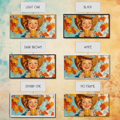 Cowgirl Having A Cup Of Joe, Framed Canvas Print, Farmhouse / Western Rustic Charm, Seasonal Art Piece to Warm Up Your Home Decor This Fall