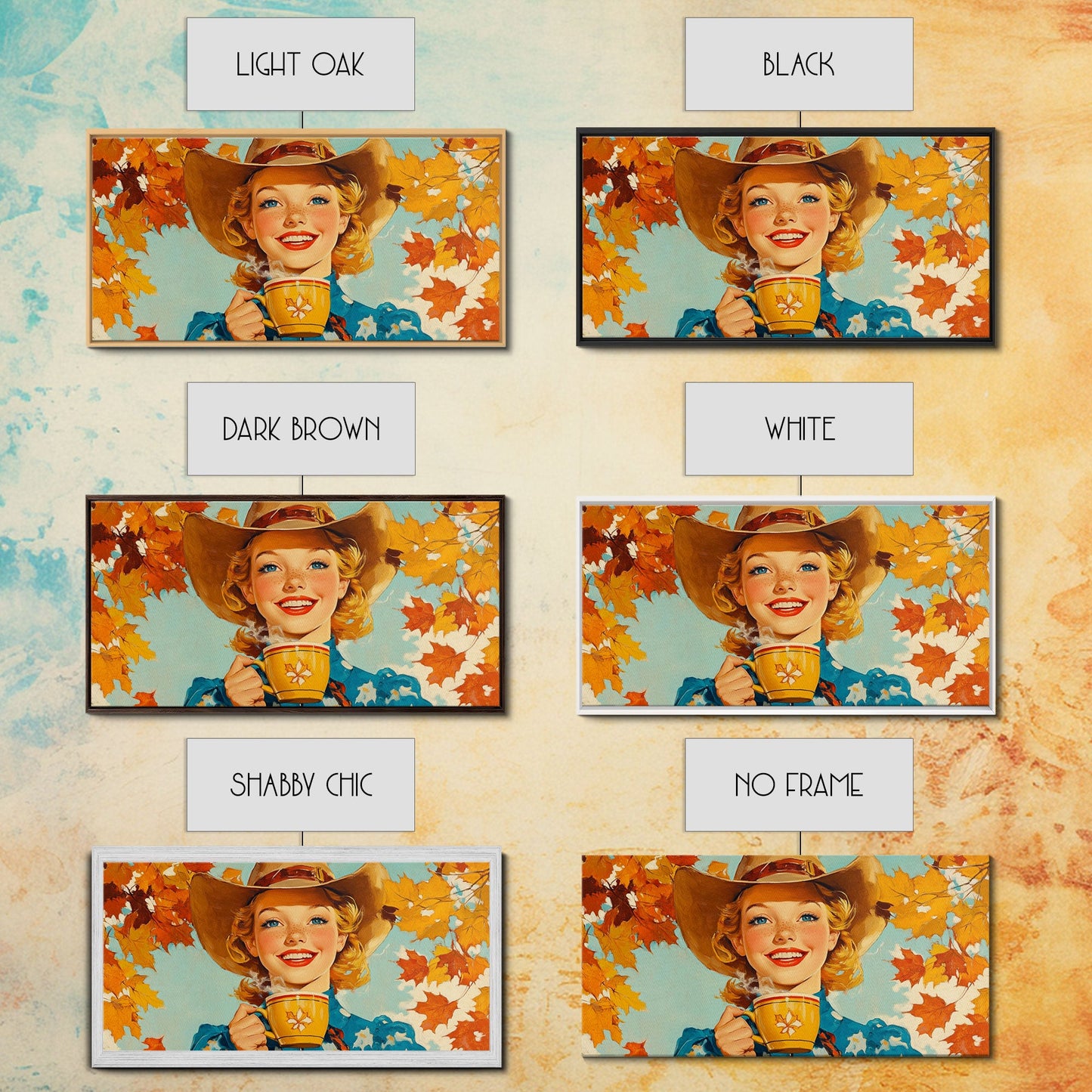 Happy Cowgirl Enjoying Hot Cocoa, Framed Canvas Print, Cute Fall Decor, Rustic Farmhouse Wall Art, Retro Style Trendy Autumn Decor