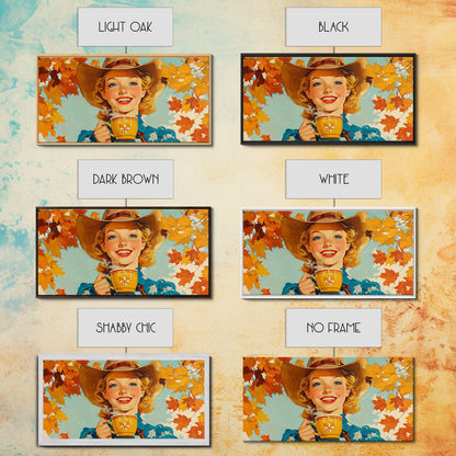 Happy Cowgirl Enjoying Hot Cocoa, Framed Canvas Print, Cute Fall Decor, Rustic Farmhouse Wall Art, Retro Style Trendy Autumn Decor