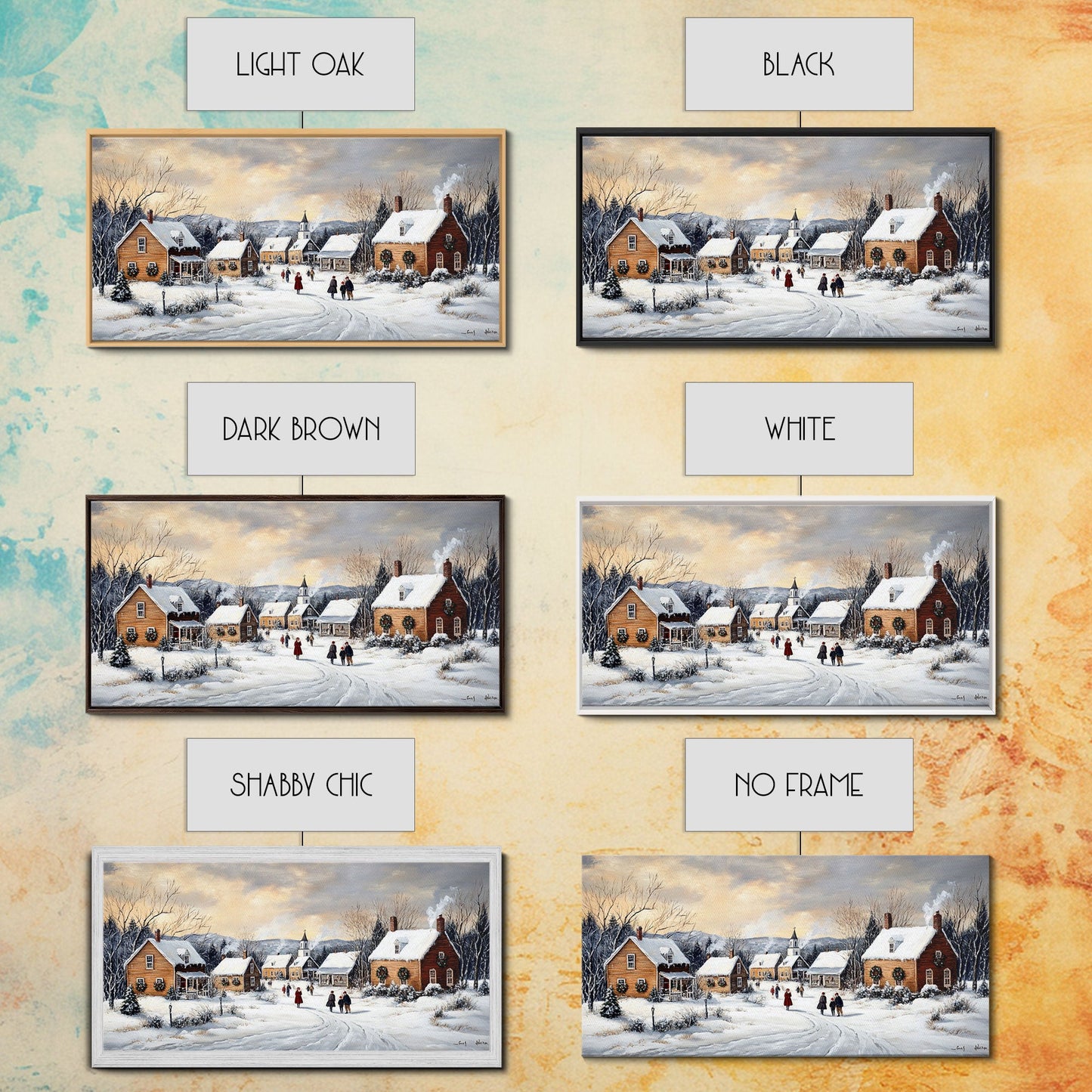 Snowy Village Church Scene, Rustic Christmas Landscape Wall Art, Winter Wonderland Framed Canvas Print, Country Holiday Home Decor