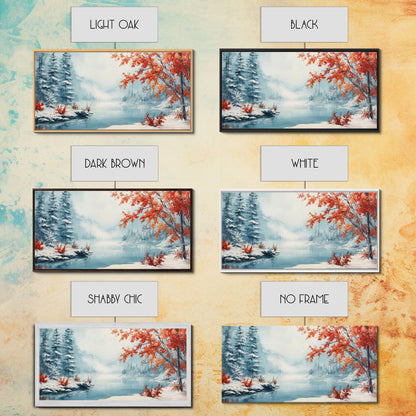 Painting Of A Forest In Winter, Framed Canvas Print with Wreaths, Perfect Christmas Holiday Decor, Ideal Winter Wall Art Gift