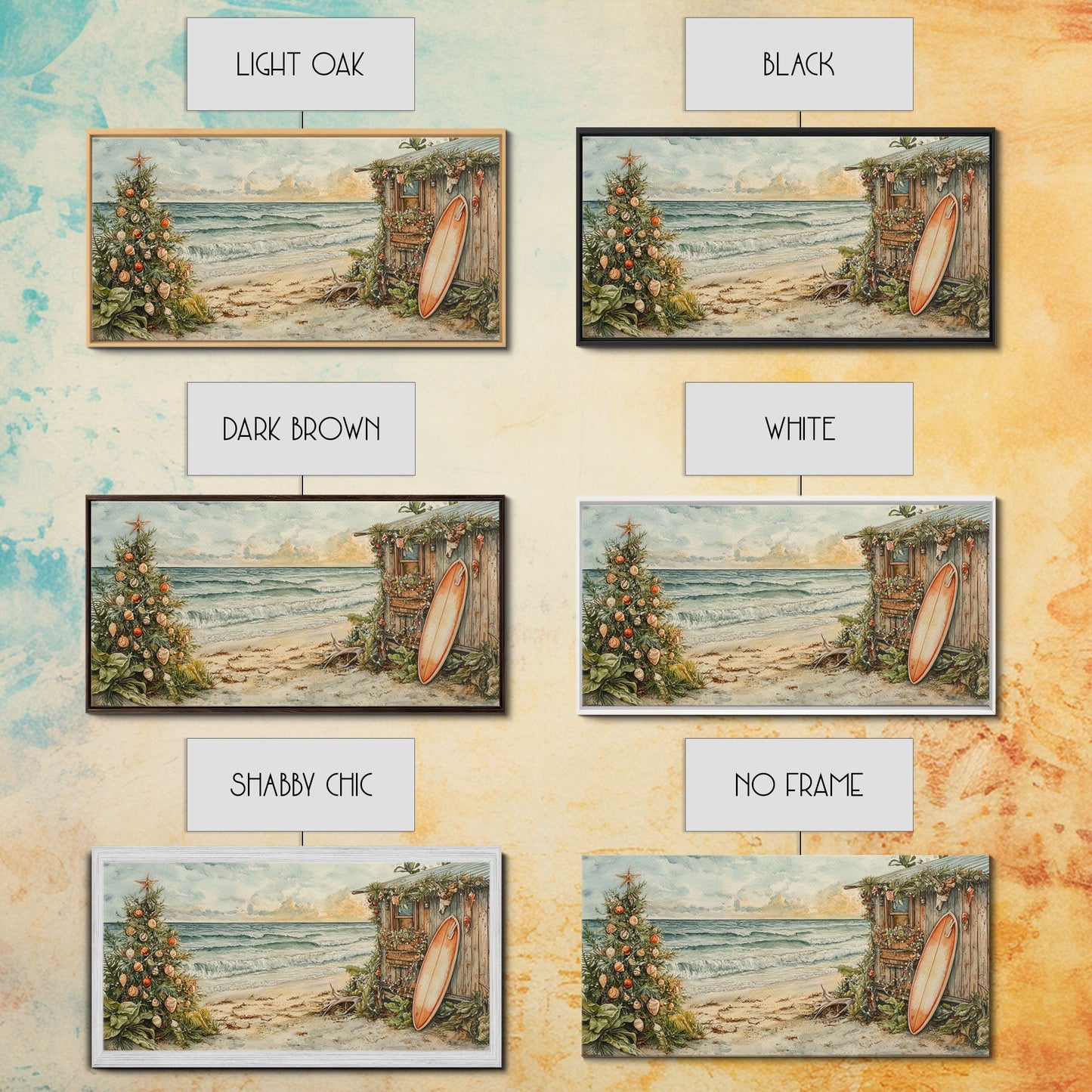 Weihnachtsbaum neben einem rustikalen Strandhaus – Küstenweihnachtsszene – gerahmter Leinwanddruck, weihnachtliche Wanddekoration für den Strand