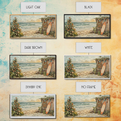 Weihnachtsbaum neben einem rustikalen Strandhaus – Küstenweihnachtsszene – gerahmter Leinwanddruck, weihnachtliche Wanddekoration für den Strand