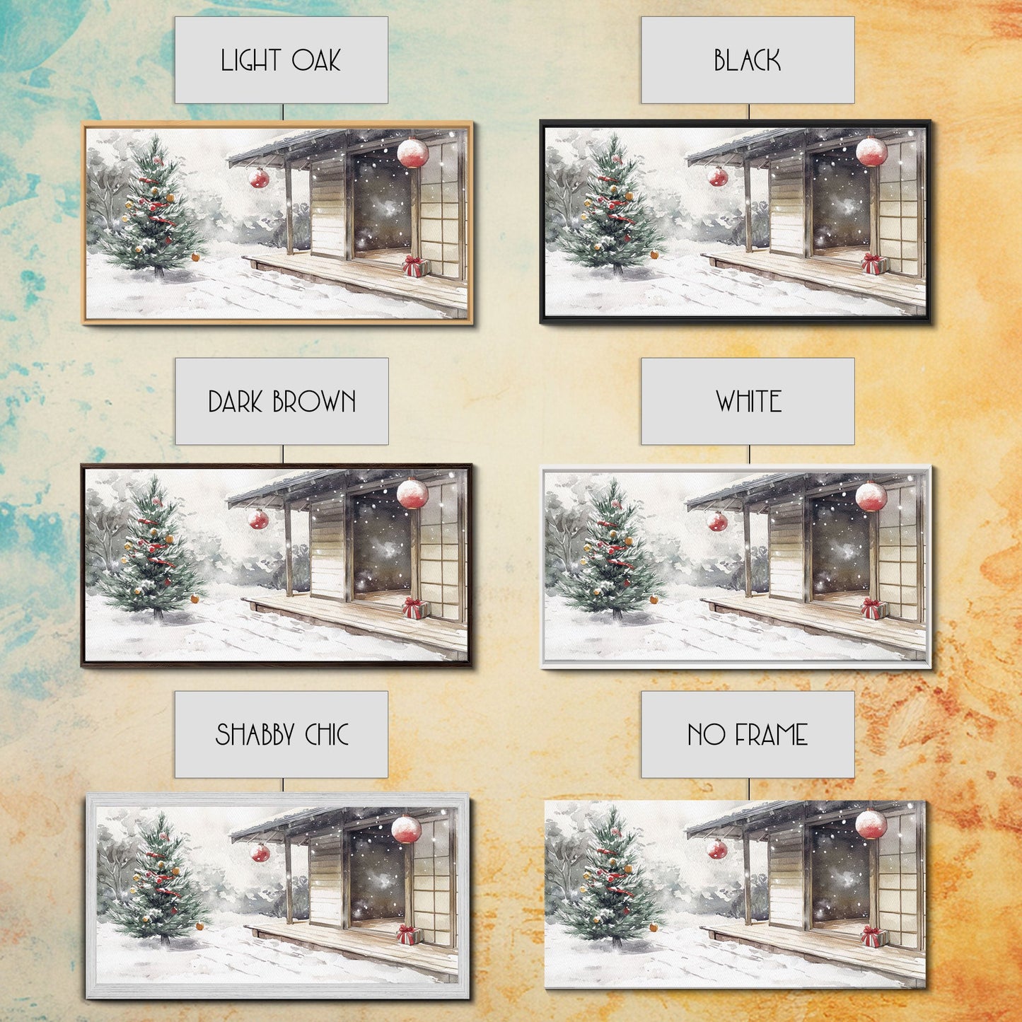 Minimalist Japanese Christmas Scene Framed Canvas Print, Snowy Holiday Decor with Simple Tree and Lantern Perfect Holiday Art