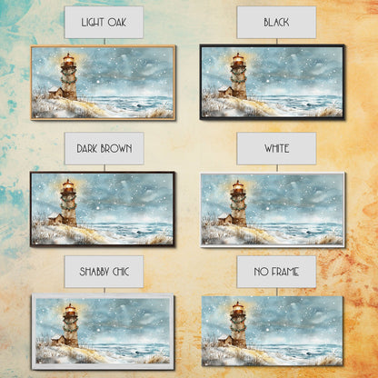 Coastal Christmas Lighthouse Decor Framed Canvas Print, Snowy Beach Scene with Holiday Wreath and Lighthouse Winter Wall Art