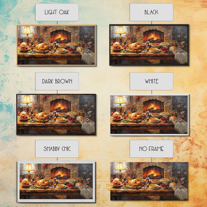 Cozy Thanksgiving Feast by Fireplace Framed Canvas Print Seasonal Wall Art, Rustic Fall Decor, Harvest Celebration Art Print for Home