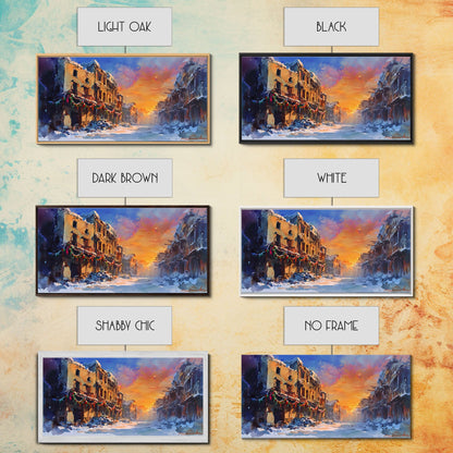 Snowy abandoned street at sunset with festive garland, framed canvas print, moody landscape Christmas or holiday decor