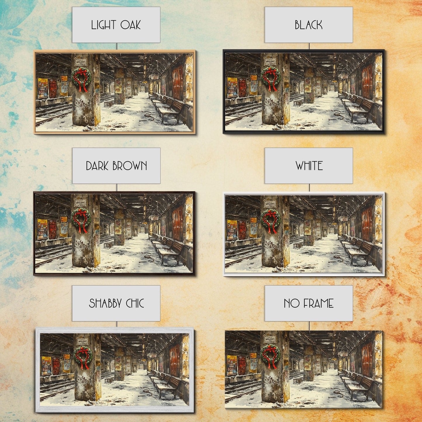 Underground subway station winter scene framed canvas print, snowy platform with festive wreath and urban decay, Christmas display