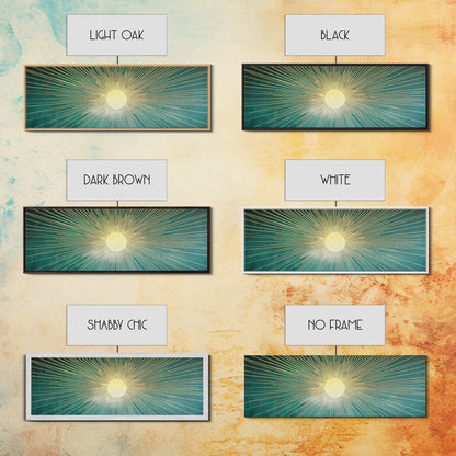 Eclectic Art Deco Sunburst Framed Canvas Print, Boho Style Wall Art, Emerald Green and Gold Extra Wide Art