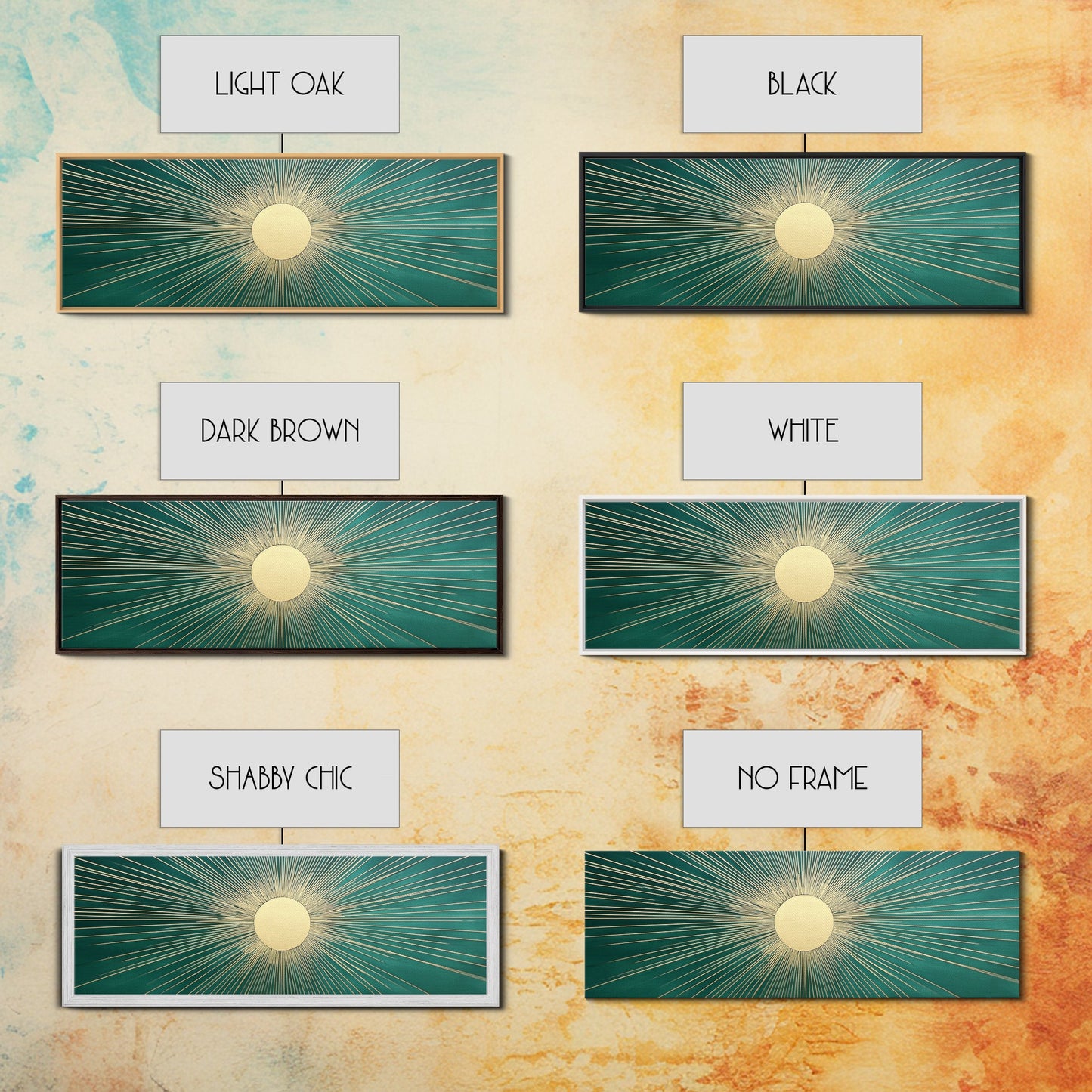 Emerald Green Sun Burst Wall Art, Art Deco Retro Vibes, Eclectic Home Decor, Emerand Green and Gold Horizontal Framed Canvas