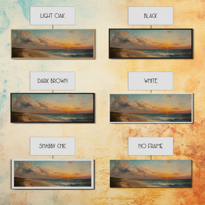 Muted Beach Framed Oil Painting Canvas Print, Minimalist Coastal Decor, Seascape Painting, Long / Horizontal Beach Wall Art, Panoramic Art