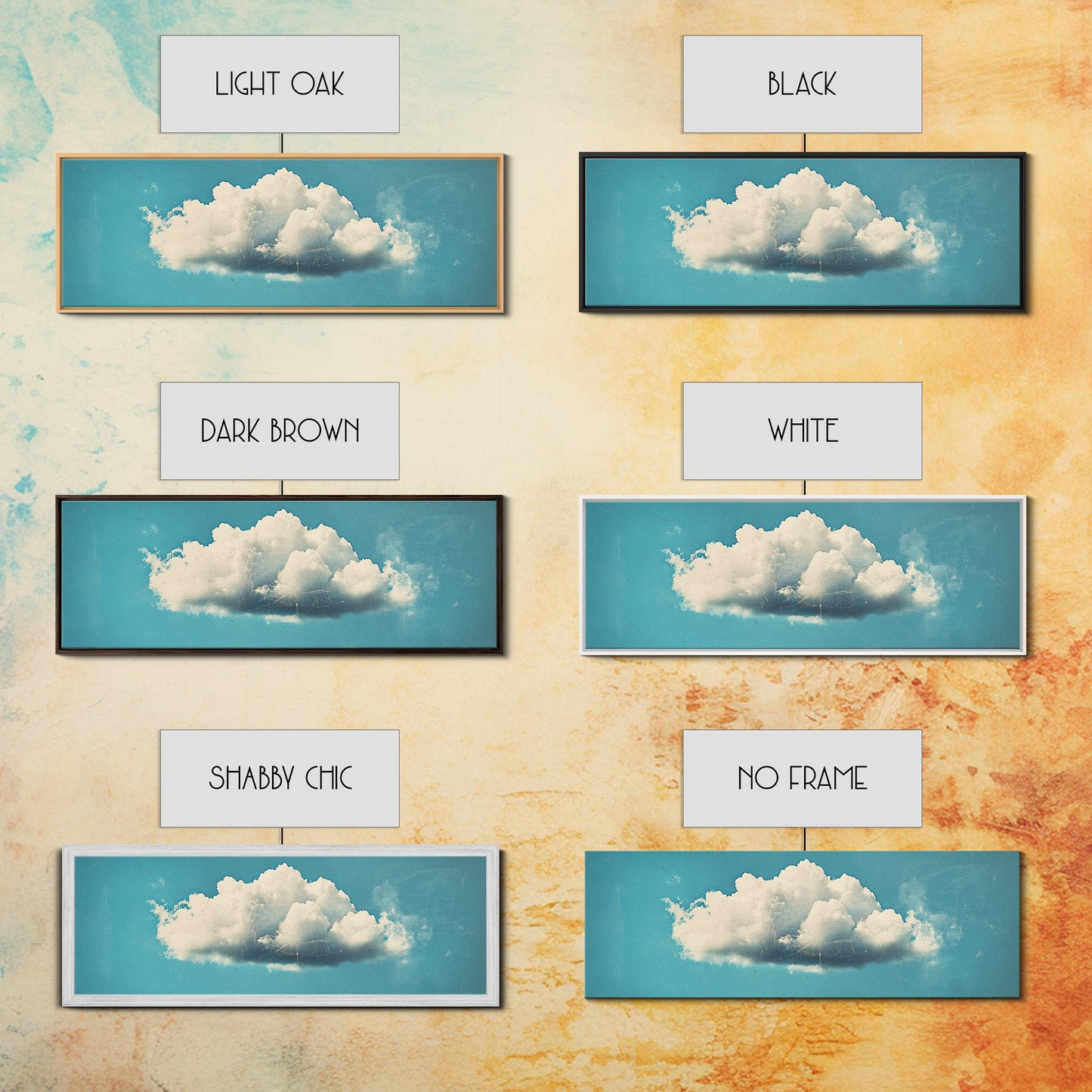 Framed Canvas Art, Sky Blue, Navy Blue Lonely Cloud Art, Minimalist Art Print, Panoramic Extra Wide Horizontal Art, Lonely Cloud