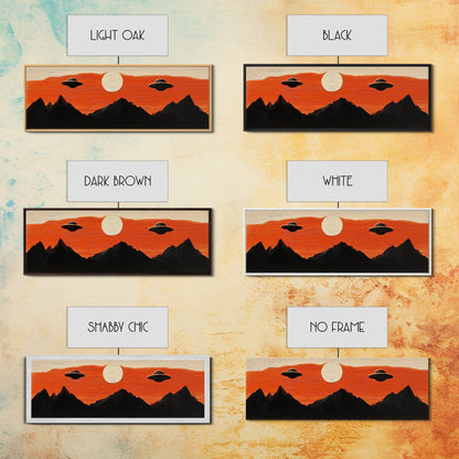 Fun Nursery Decor - Boy's Room Wall Art - Panoramic Flying Saucers or UFOs Art Print - Framed Canvas