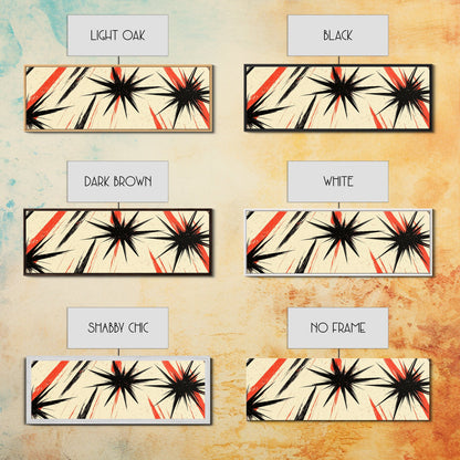 Flashes and Light - Framed Canvas Print - Mid-century Modern Rocket Age Inspired Wall Art - Black Stars with Red Streaks