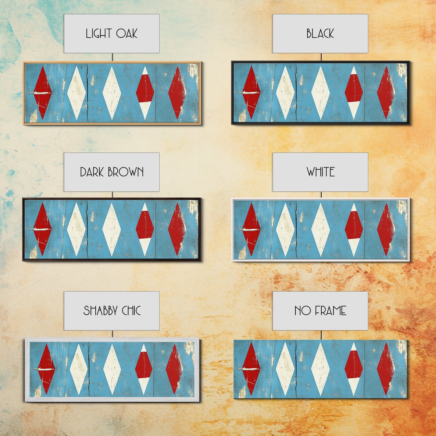 Red & White Diamonds - Framed Canvas Print - Rustic / Distressed MCM Mashup Home Decor - Turquoise Background