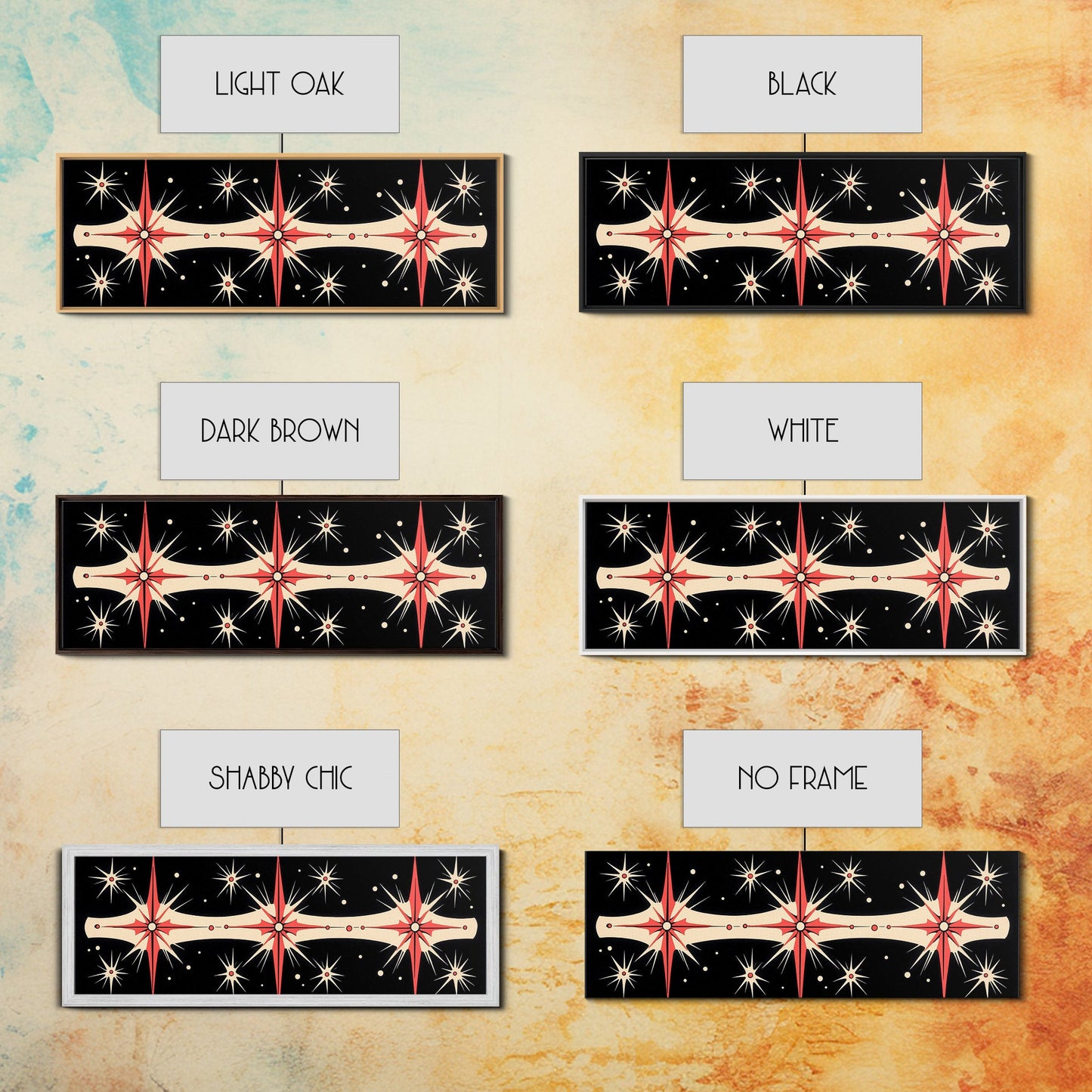 Neutral Star Burst Framed Canvas Print, Abstract Atomic Age Wall Art, Mid-Century Modern 1950s Style Home Decor, Large Scale Art