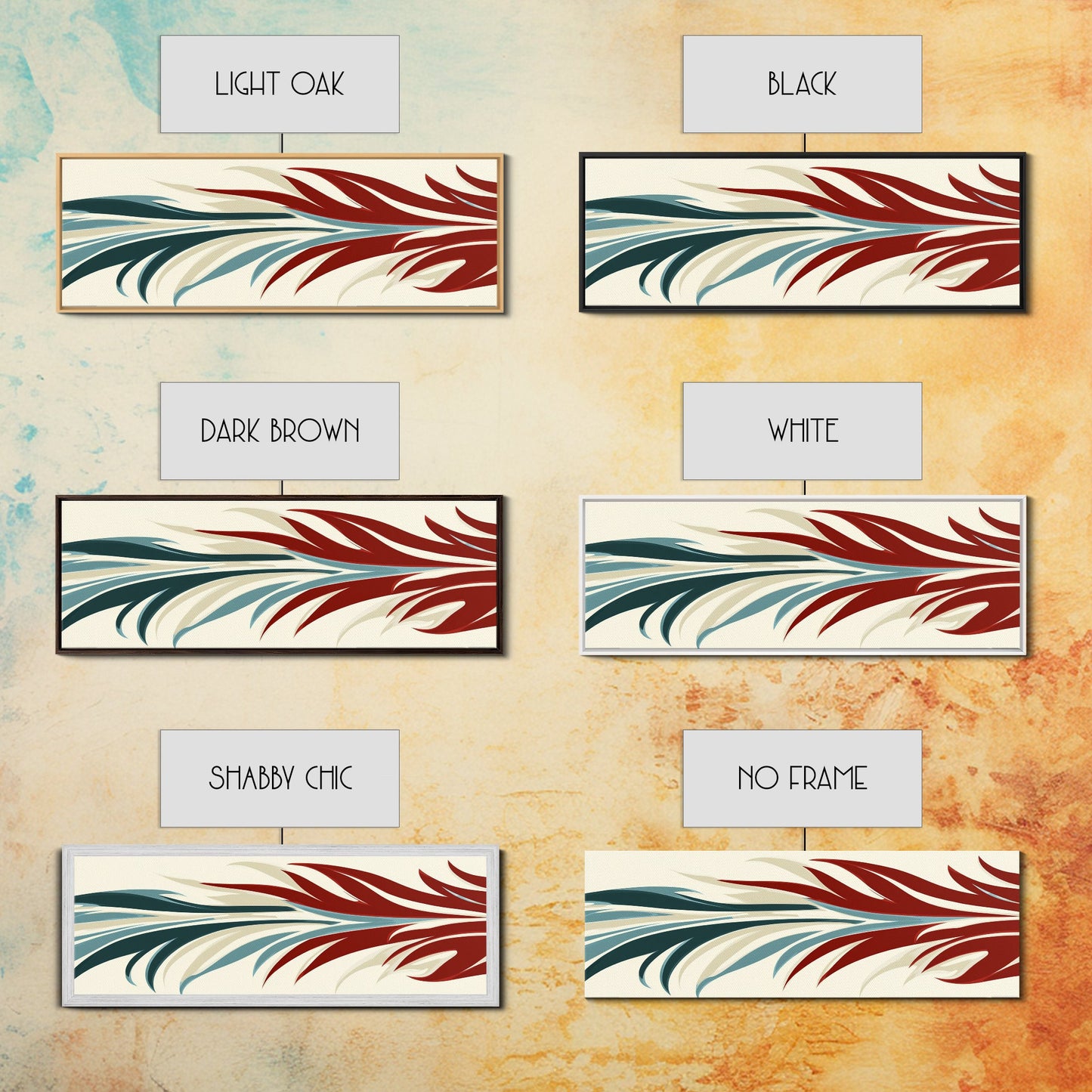 Feathers - Framed Art Deco Canvas Print - Wood Framed Art - Extra Wide Panoramic Art - Oversized Art For Large Space