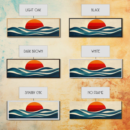 Retro Art Deco Sunset over The Ocean, Framed Canvas Print, Vector Image Style Artwork, Wood Frame, Boho / Eclectic Home Decor, Minimalist Decor