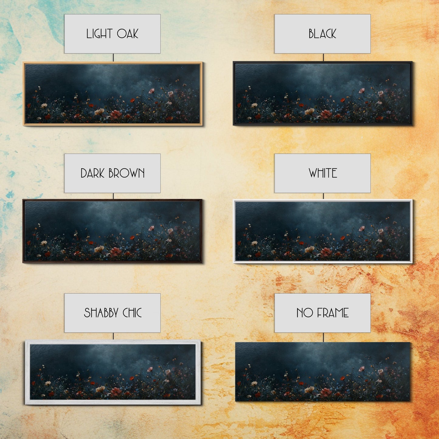 Dark & Moody Wild Flowers At Night, Framed Canvas Print, Panoramic Thought Provoking Wall Art, Above Bed Art, Dark Floral Painting