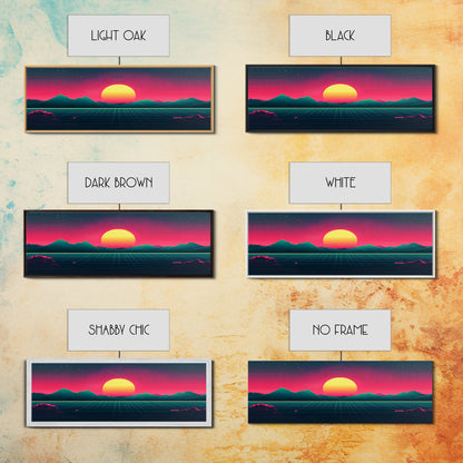 Synthwave Sunset Over The Mountains, Wireframe Art, Framed Canvas Print, Wire Frame Retro 1980s Style Wall Art