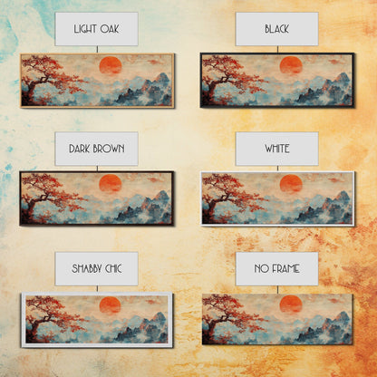 Japanese Maple Tree at Sunset, Vintage Japanese Inspired Woodblock Print Canvas Art, Retro Japanese Art