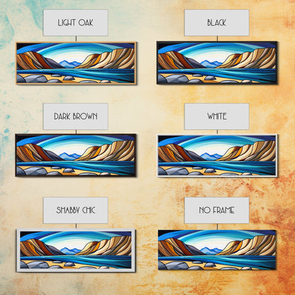 Retro Art Deco Landscape Print, Stained Glass Style Landscape Painting, Wood Framed Wall Art, Horizontal Art, Ultra Wide Panoramic Art