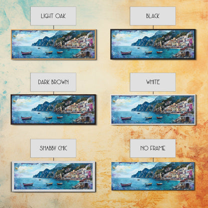 Italian Seaside, Framed Canvas Print, Italy In The Summer, Original Artwork Oil Painting Print, Gift Idea, Horizontal Wood Framed Panoramic Art