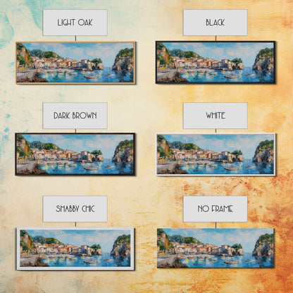 Muted Italian Fishing Village Painting Print, Boho Wall Art, Minimalist Style Panoramic Painting, Extra Large Oversized Wall Art, Home Decor / Gift Idea