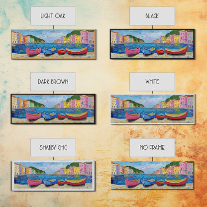 Pastel Row Boats in an Italian Fishing Village, Framed Canvas Print, Original Artwork, Retro Italy Painting, Impasto Style Print