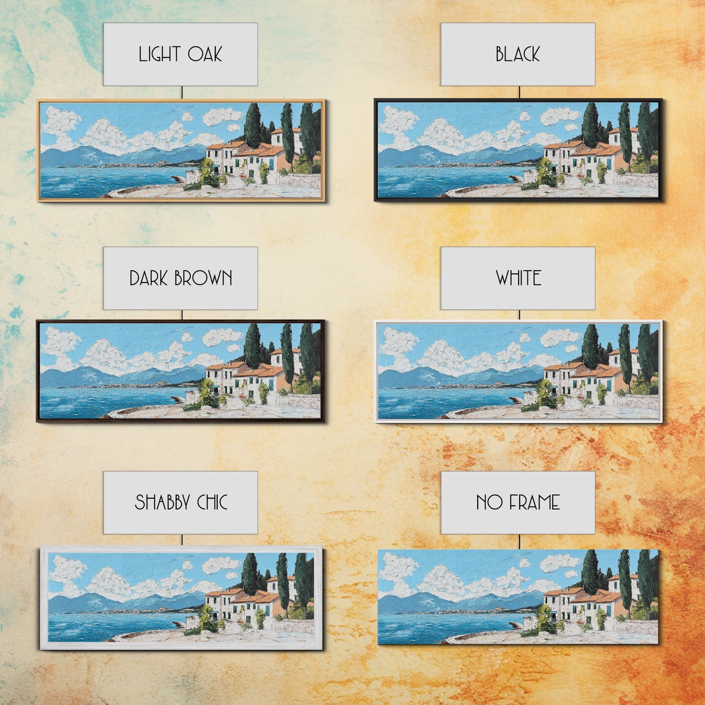 Impressionist Painting of an Italian Seaside Villa, Framed Canvas Print, Italy Village Decor, Ulta Wide Panoramic Landscape Painting