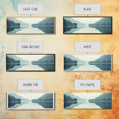 Reflections on an Overcast Day, Framed Canvas Print, Moody Decor, Foggy Landscape Painting, Panoramic Wall Art