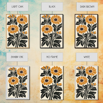 Midcentury Modern Boho Flowers Bouqet Wall Art Canvas Print, MCM Wall Art, Retro Style Abstract Art, Orange Flowers on White Background
