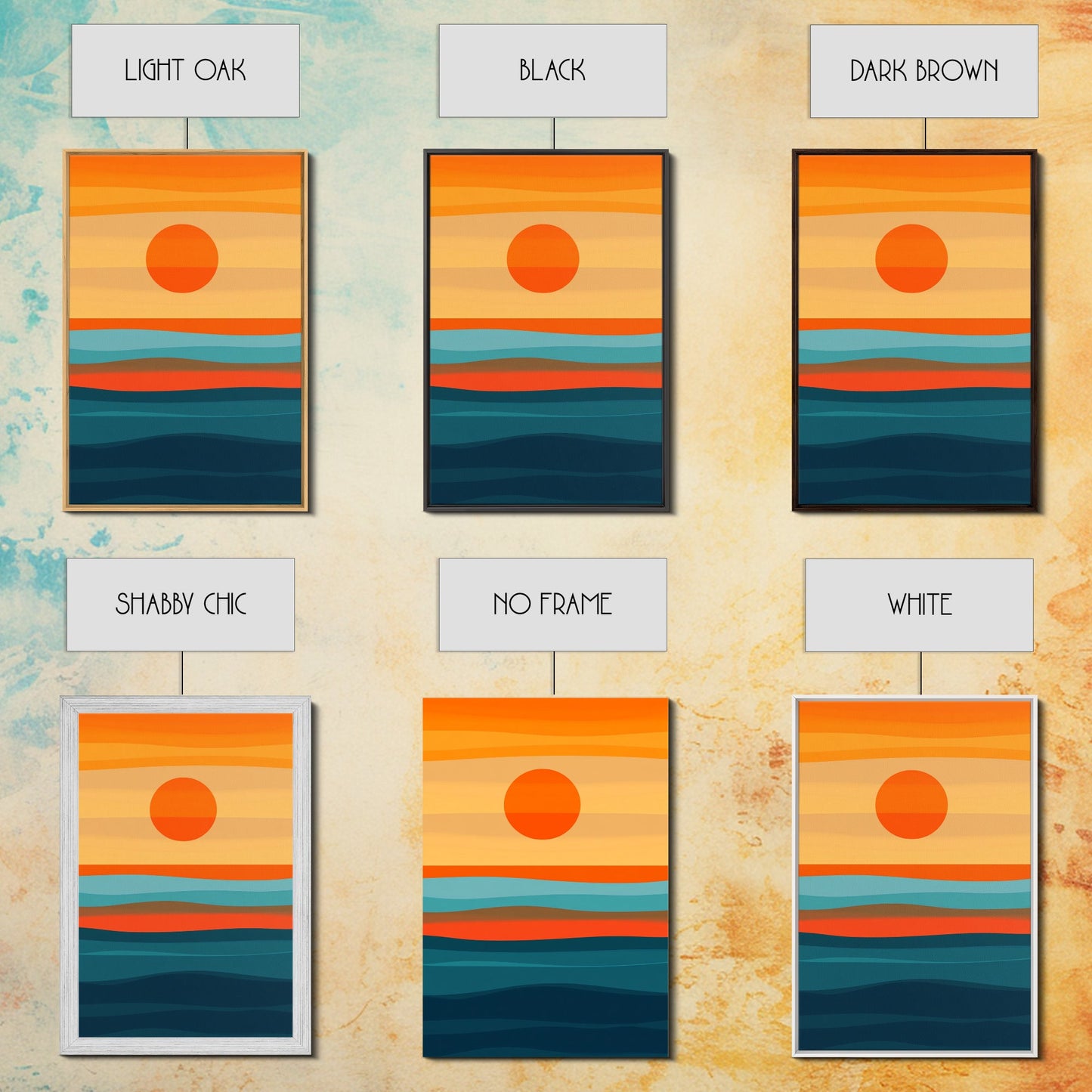 Sunset Over The Ocean Minimalist Print, Vertical Sea Sun Framed Canvas, Waves Line Art, Blue and Orange Sunset Beach House Painting