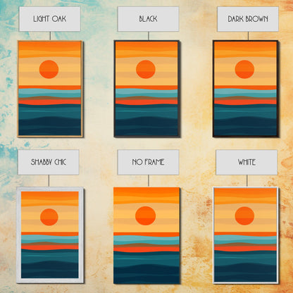 Sunset Over The Ocean Minimalist Print, Vertical Sea Sun Framed Canvas, Waves Line Art, Blue and Orange Sunset Beach House Painting