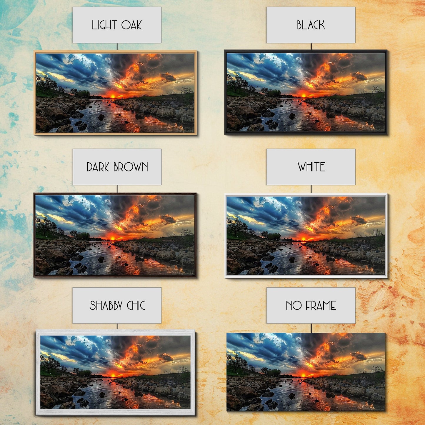 Sunset Over A Rocky River, Framed Canvas Print, Landscape Photography Style Wall Art, Beautiful Home Decor