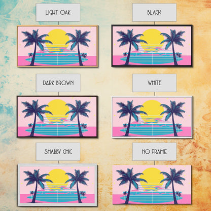 Retro Synthwave Wall Art, Outrun Home Decor Framed Canvas Print, Two Palm Trees and a Sunset