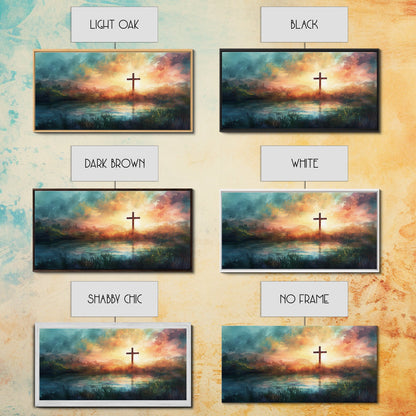 Christian Wall Art Landscape Painting Canvas Print, Beautiful Cross and Sunset, Christianity Home Decor